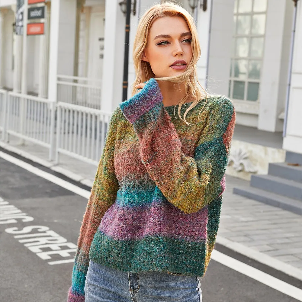 Rainbow Striped Loose Pullover