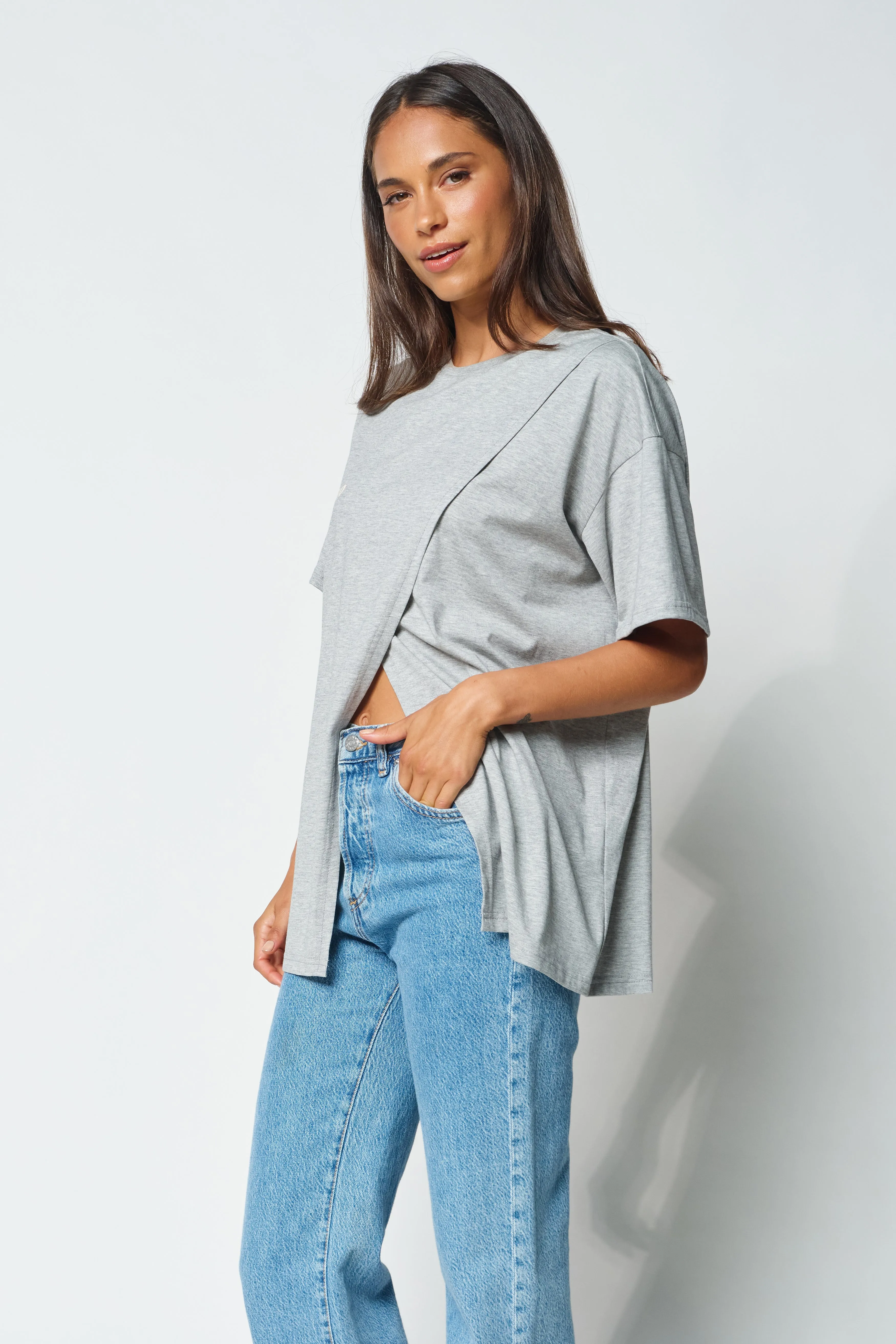 Staple Longline Wrap Tee - Grey Marle / White