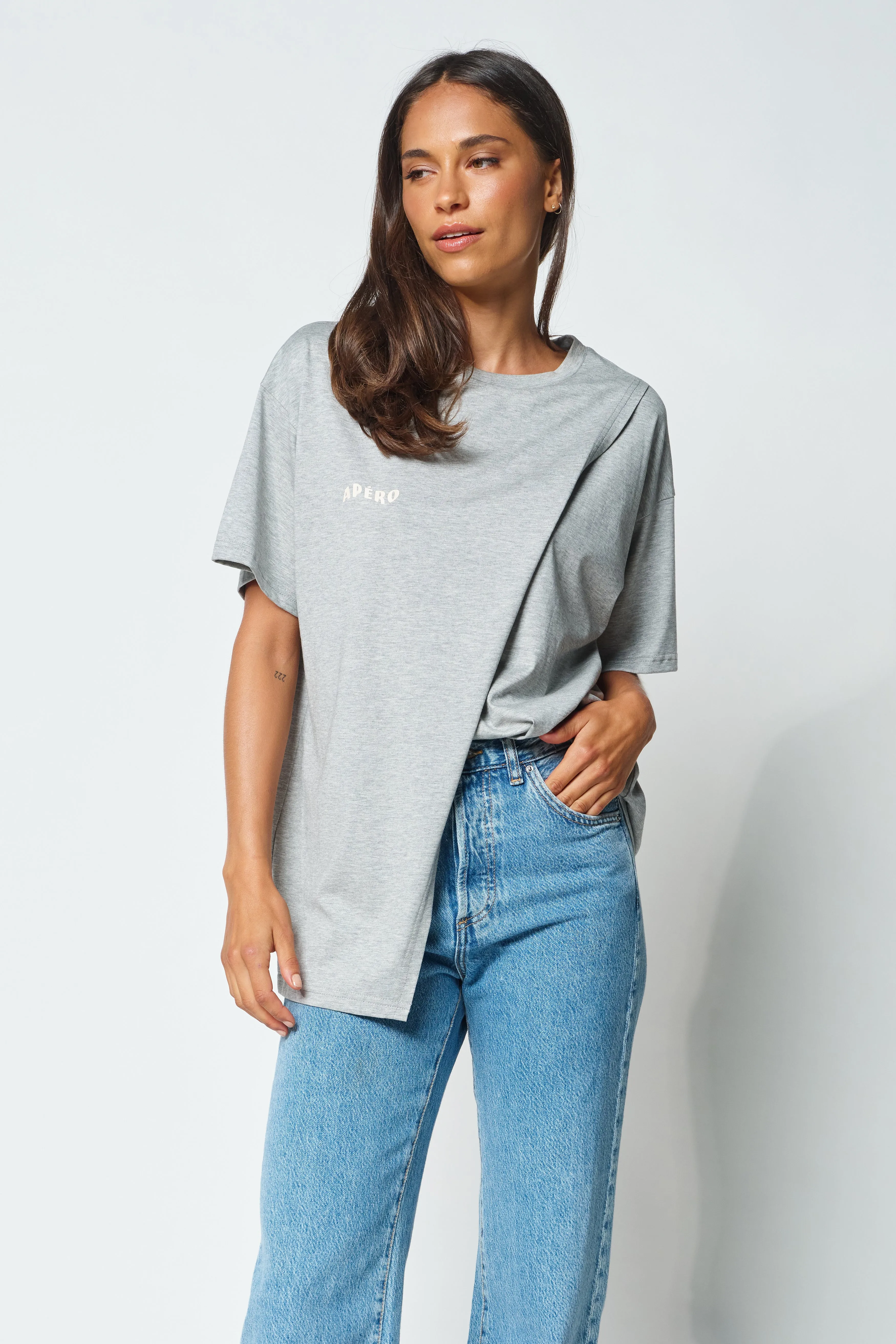 Staple Longline Wrap Tee - Grey Marle / White