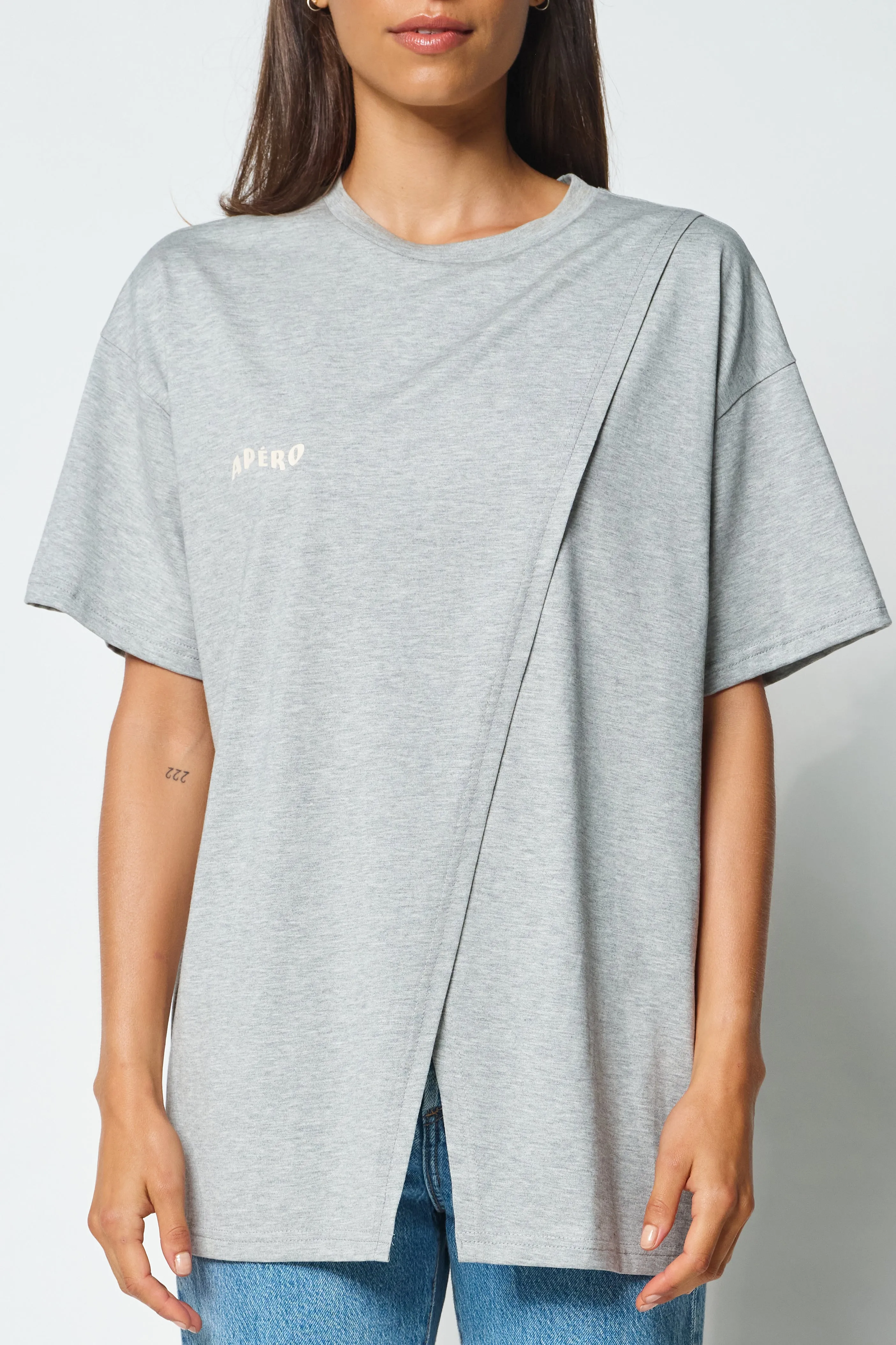 Staple Longline Wrap Tee - Grey Marle / White
