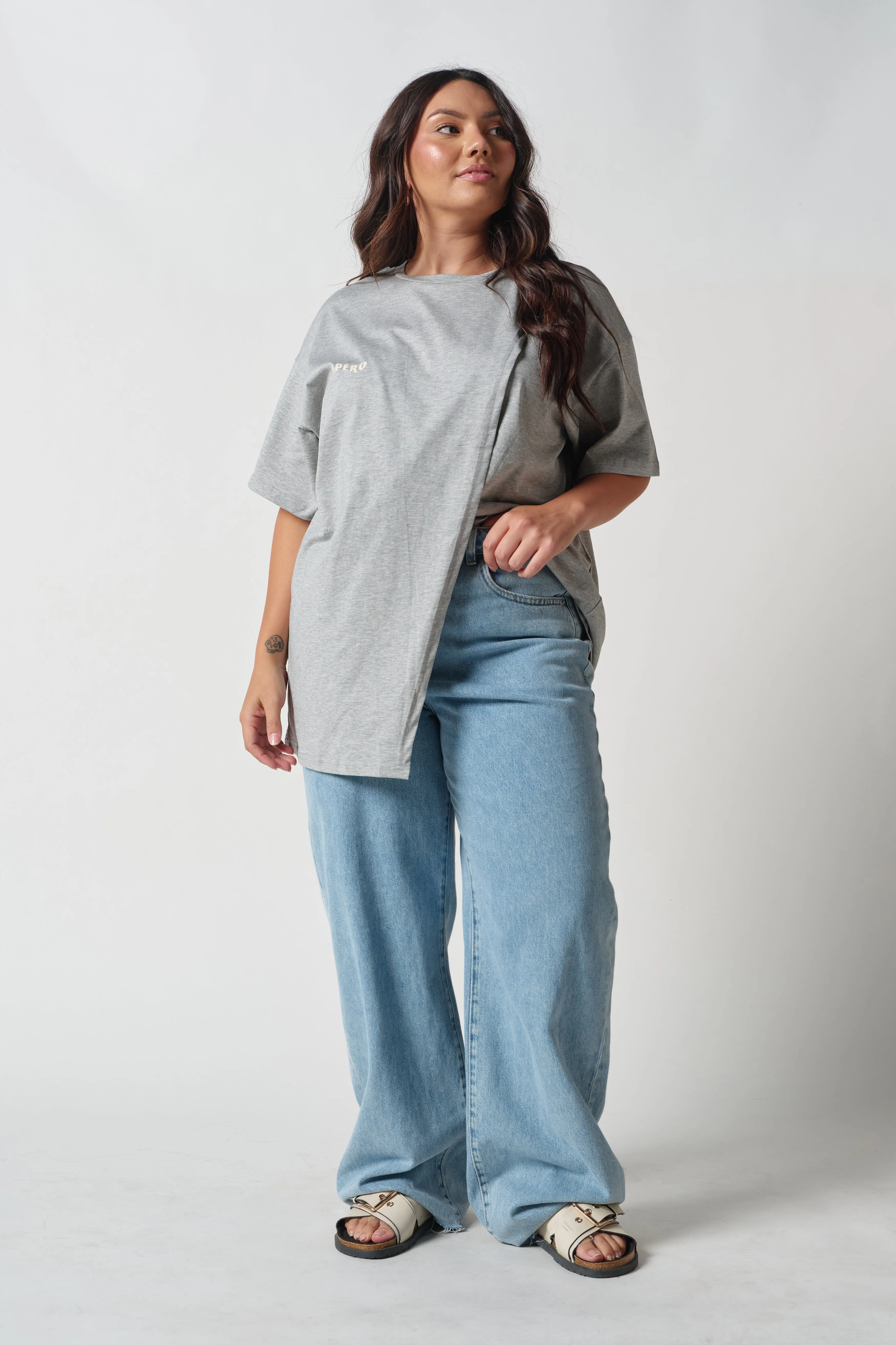 Staple Longline Wrap Tee - Grey Marle / White