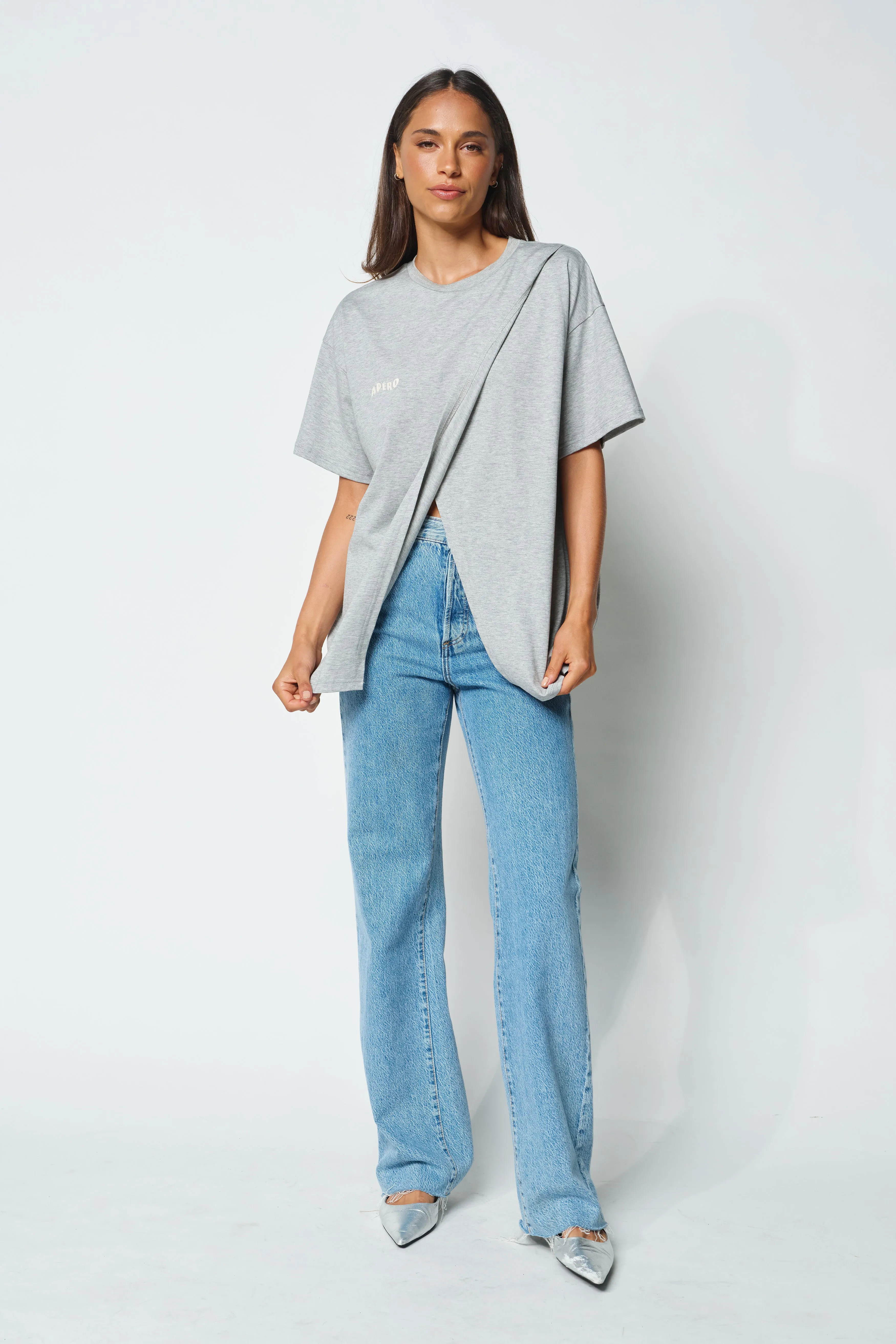 Staple Longline Wrap Tee - Grey Marle / White