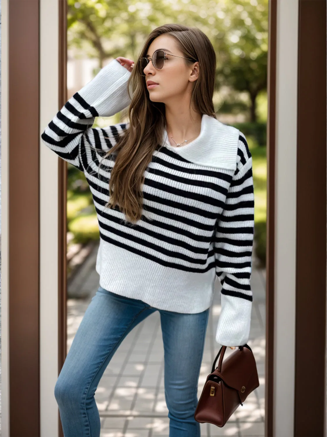 Striped Collared Neck Sweater
