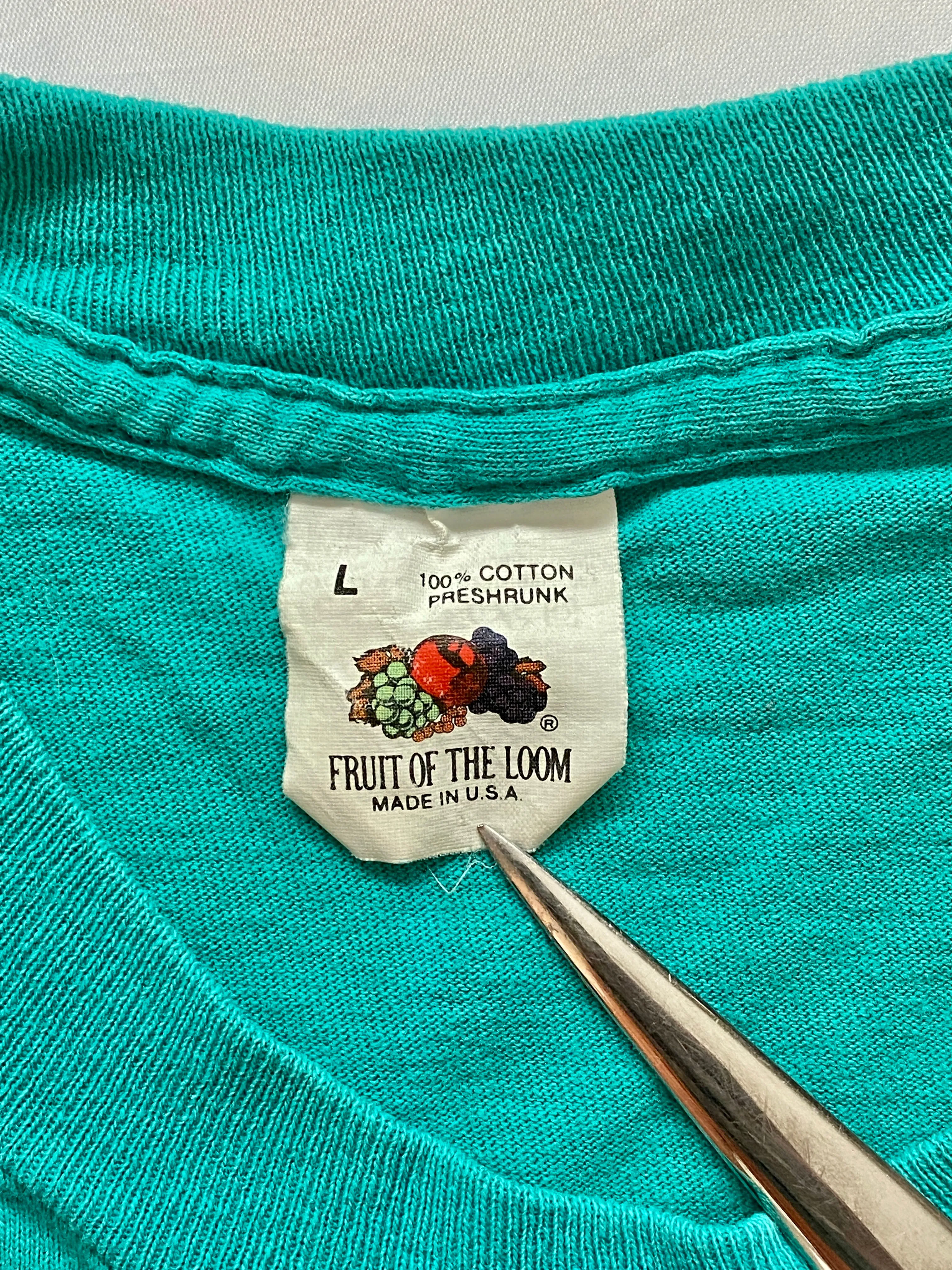Vintage Fruit Of The Loom Teal Selvedge Single Stitch Pocket T-Shirt (Large)