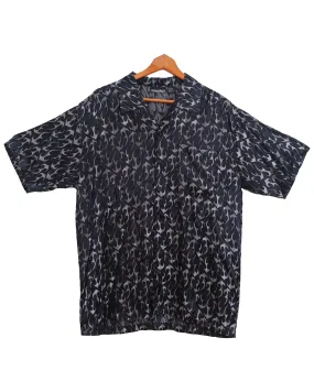 Vintage Y2k 2000s Odo Black Silk Flame Tribal Short Sleeve Button Up Shirt (Large)