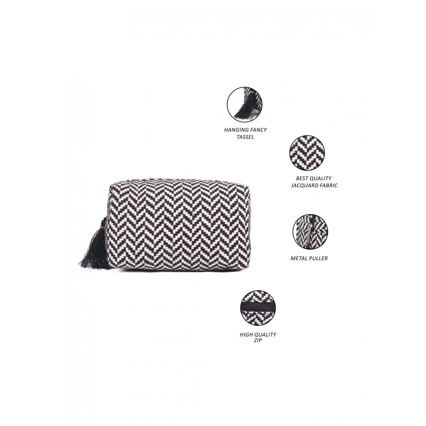 Womens Black & White Chevron Woven Makeup/Travel Pouch With Tassels