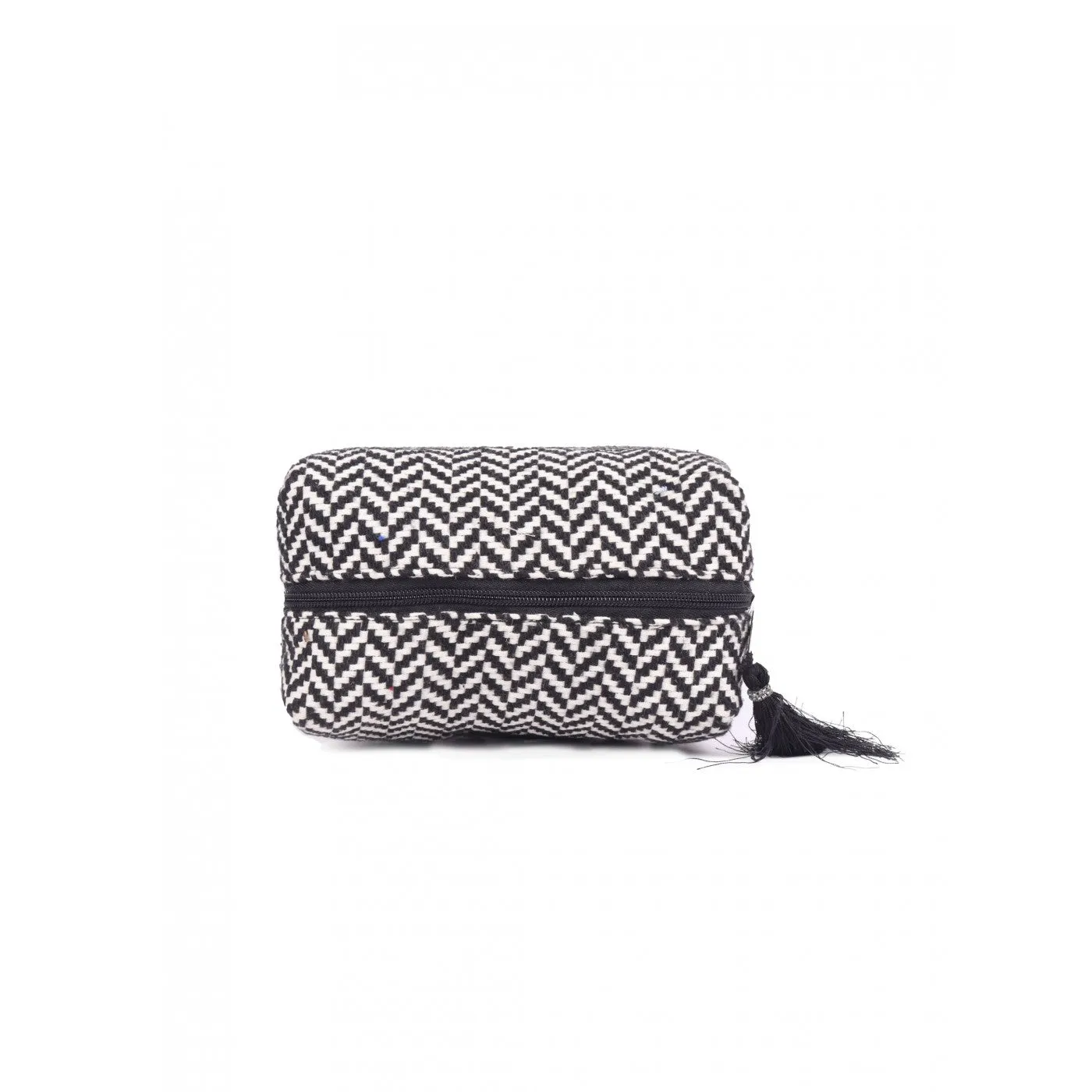 Womens Black & White Chevron Woven Makeup/Travel Pouch With Tassels